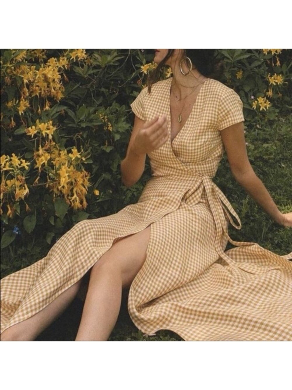 & Other Stories Gingham Linen Midi Wrap Dress Mustard Yellow White